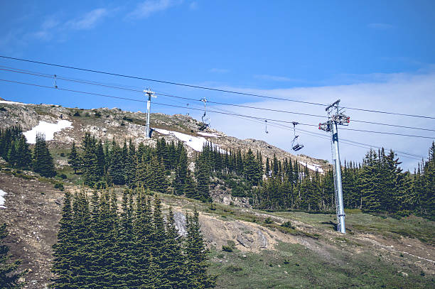 istock Mountain lift on a hill with pine trees 604897372