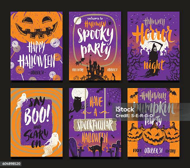 Set Of Halloween Holidays Hand Drawn Posters Or Greeting Card Stock Illustration - Download Image Now