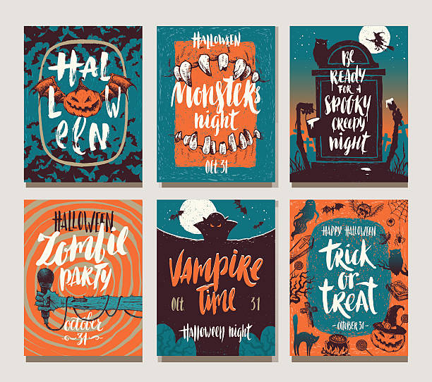 Set of Halloween holidays hand drawn posters or greeting card Set of Halloween holidays hand drawn posters or greeting card with handwritten calligraphy quotes, words and phrases. Vector illustration. vampire illustrations stock illustrations