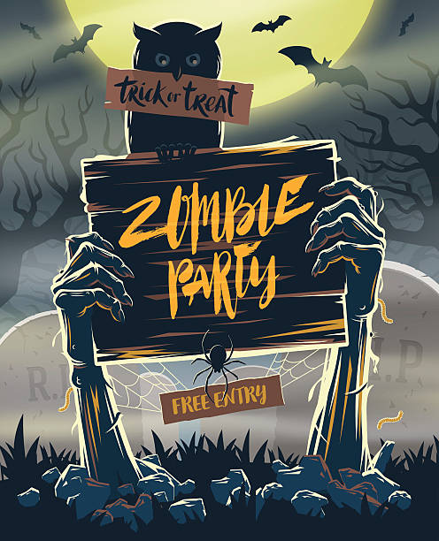 ilustraciones, imágenes clip art, dibujos animados e iconos de stock de cartel de invitación de halloween - letrero en manos de zombies - zombie halloween cemetery human hand
