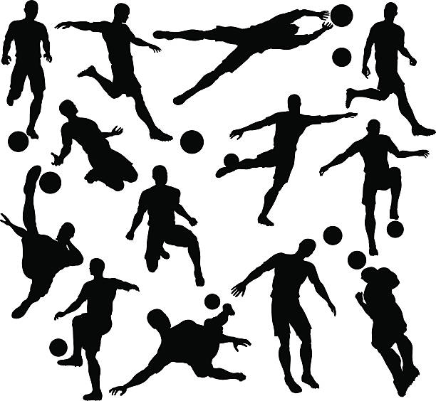 Football Soccer Player Silhouettes A set of Football Soccer Player Silhouettes in lots of different poses soccer clipart stock illustrations