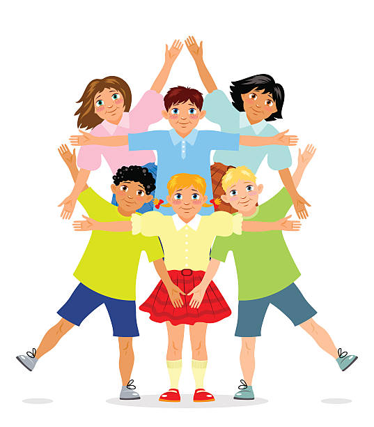 ilustrações de stock, clip art, desenhos animados e ícones de children stand and put arms in star of david shape. - yiddish