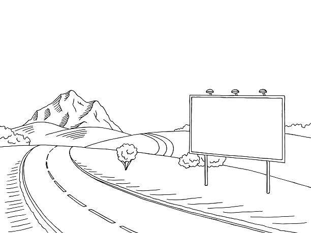 road billboard graphic art black white landscape sketch illustration vector - 大型廣告牌 插圖 幅插畫檔、美工圖案、卡通及圖標