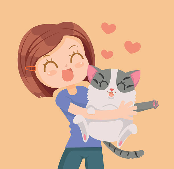 illustrazioni stock, clip art, cartoni animati e icone di tendenza di i personaggi di ragazza e gatto si abbracciano. migliori amici - tame