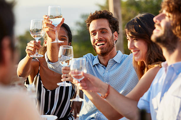 friends toasting drinks at party - wine cheers bildbanksfoton och bilder