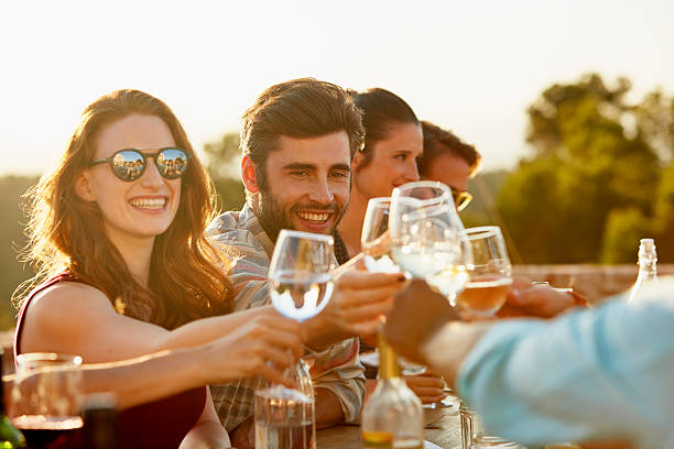 Friends toasting at dinner party Group of friends toasting and laughing while having dinner outside white wine photos stock pictures, royalty-free photos & images
