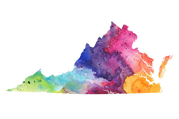 Map of Virginia with Watercolor Texture - Raster Illustration A highly detailed map of the US state of Virginia with a multicoloured, rainbow hand painted watercolor texture. Map is isolated on a white background. Raster illustration. virginia us state stock illustrations