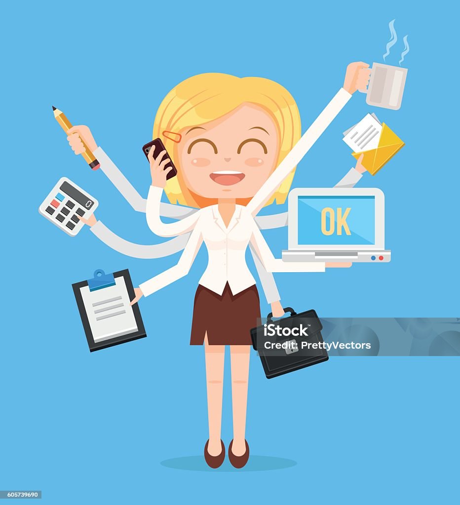 Happy office woman character Happy office woman character. Multitasking hard work. Vector flat cartoon illustration Multi-Tasking stock vector