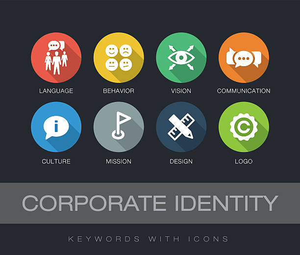 Corporate Identity keywords with icons Corporate Identity chart with keywords and icons. Flat design with long shadows corporate identity stock illustrations