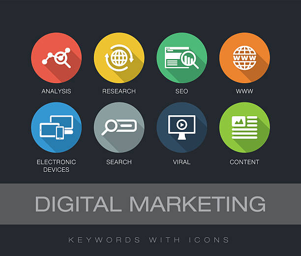 digital marketing keywords mit icons - strategy e commerce marketing internet stock-grafiken, -clipart, -cartoons und -symbole