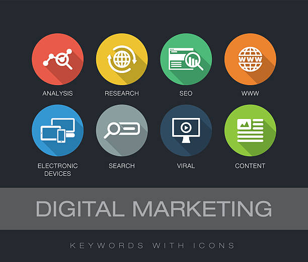 ilustraciones, imágenes clip art, dibujos animados e iconos de stock de palabras clave de marketing digital con iconos - google searching internet e commerce
