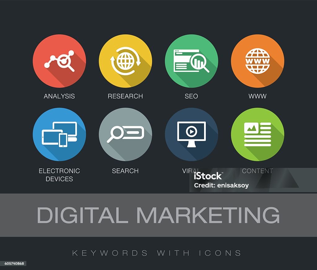 Digital Marketing keywords with icons Digital Marketing chart with keywords and icons. Flat design with long shadows Icon Symbol stock vector