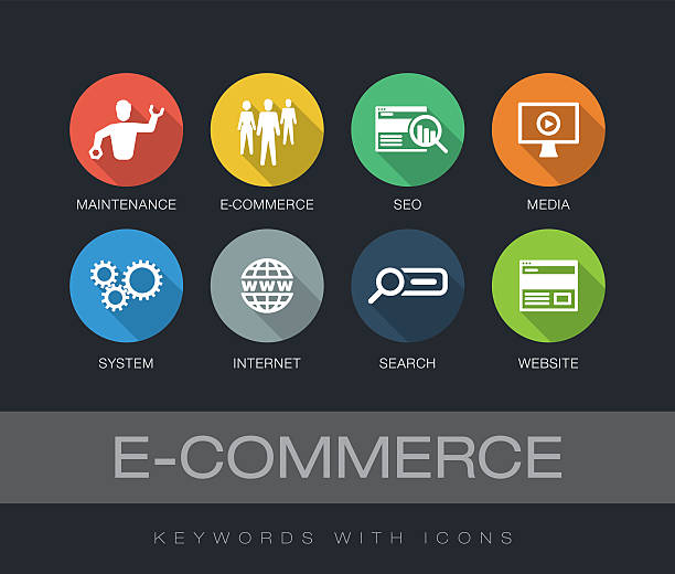 아이콘이 있는 전자 상거래 키워드 - e commerce internet e mail shopping stock illustrations