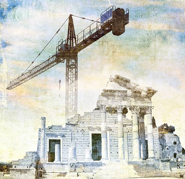 istock Surreal ancient roman temple in blue with big crane. 605743228