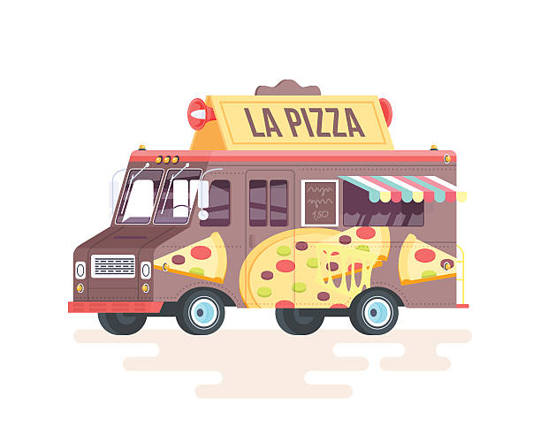 bildbanksillustrationer, clip art samt tecknat material och ikoner med vector colorful flat pizza truck. isolated on white background. - illustrationer med truck