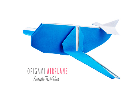 Origami blue cartoon paper travel isolated airplane on a white background