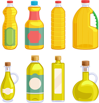 Vegetable oil assorted bottles set. Olive oil, sunflower oil, corn oil, soybean oil vector illustration.