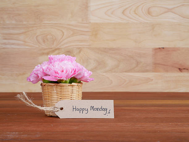 istock Handwriting Happy Monday and pink Carnation flower 2 605744316