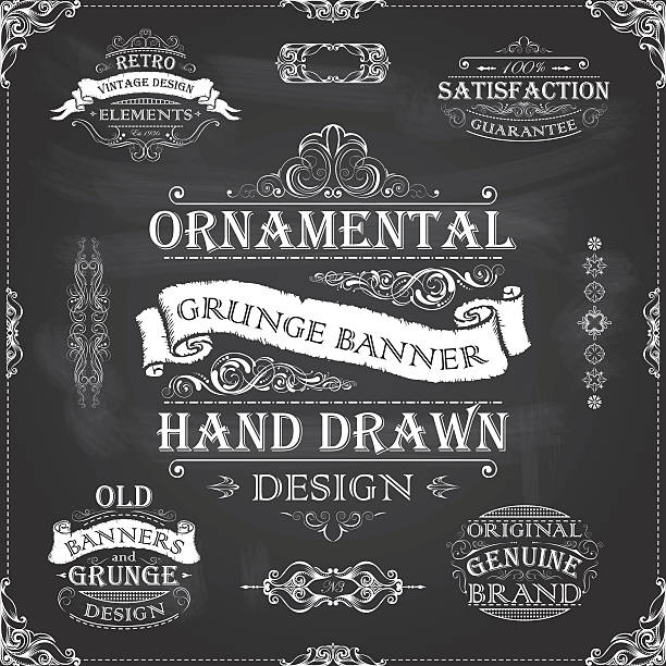 ilustrações de stock, clip art, desenhos animados e ícones de chalkboard retro banners frames - victorian style banner angle swirl