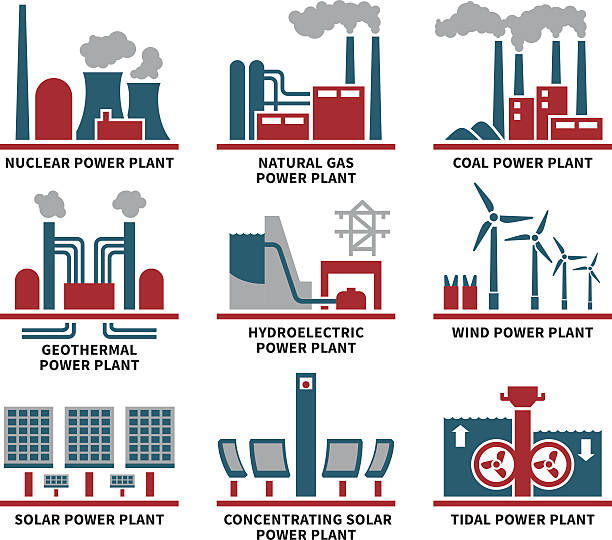 Power Plant Types Icon Set vector art illustration