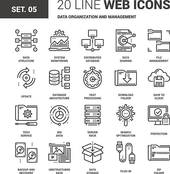 illustrazioni stock, clip art, cartoni animati e icone di tendenza di organizzazione e gestione dei dati - downloading file internet backup