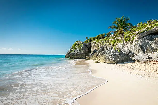 Photo of white tropical beach in tulum yucatan mexico