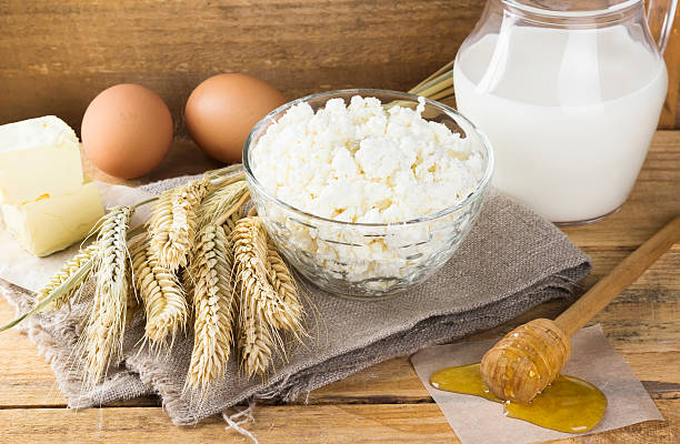 istock Organic products: eggs, milk, cottage cheese, honey, butter 605747596
