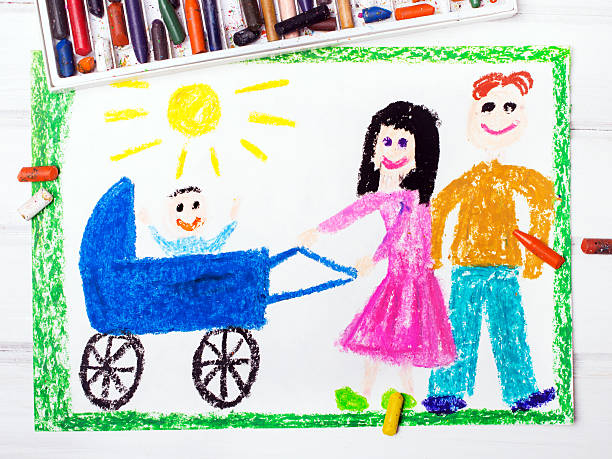 istock Colorful drawing: Happy parents with a baby in a stroller 605747634