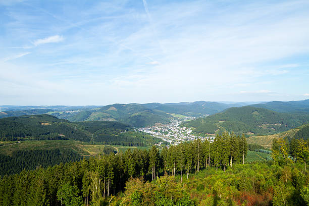 Sauerland panorama near Lennestadt seen from look out Hohe Bracht in North Rhine Westfalia.
