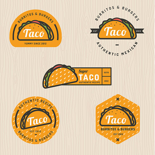 ilustraciones, imágenes clip art, dibujos animados e iconos de stock de juego de logotipo de taco, insignias, pancartas, emblema para el restaurante. - tacos