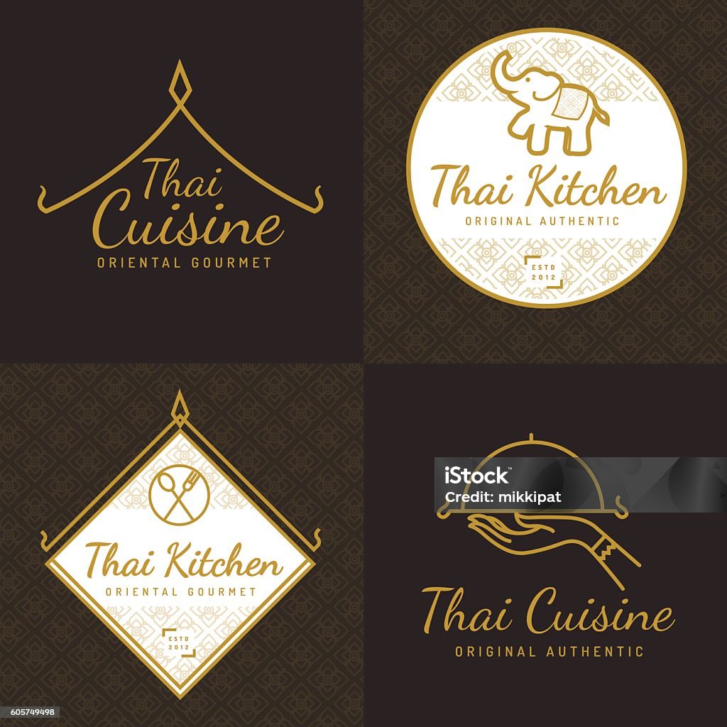 Set of logo, badges for asian food restaurant. Set of golden color Thai food logo, badges, banners, emblem for asian food restaurant with thai pattern - Vector illustration. Thailand stock vector