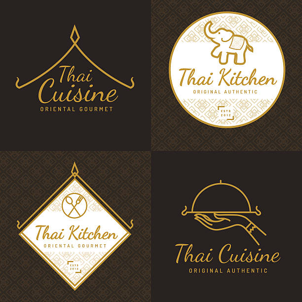 Set of logo, badges for asian food restaurant. Set of golden color Thai food logo, badges, banners, emblem for asian food restaurant with thai pattern - Vector illustration. thai ethnicity stock illustrations