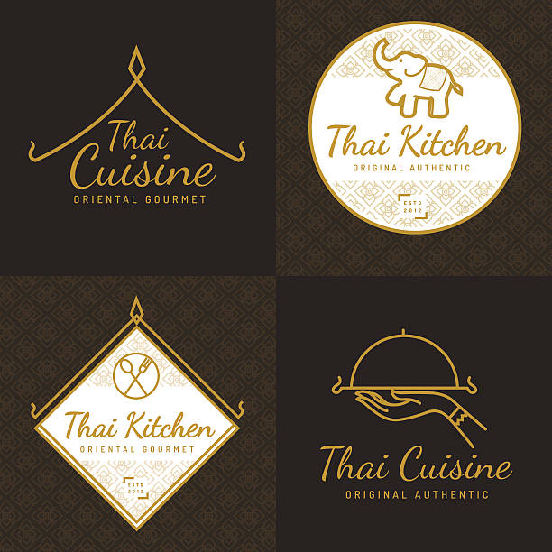 Set of logo, badges for asian food restaurant. Set of golden color Thai food logo, badges, banners, emblem for asian food restaurant with thai pattern - Vector illustration. thai decor stock illustrations