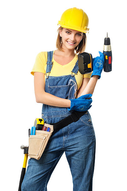 Young Woman Contractor Construction Carpenter with Drill on Whit