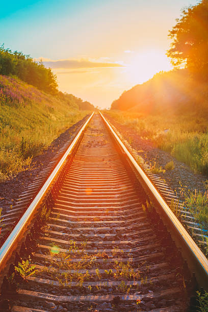 istock Railway Going Straight Ahead Through Summer Hilly Meadow To Sunset 605752594