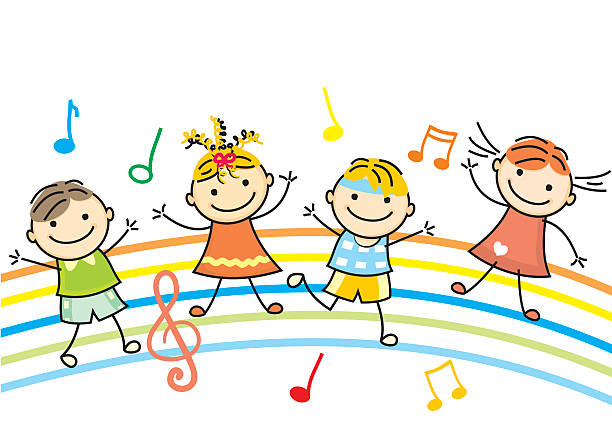 dancing children, vector icon Dancing children, vector icon, Happy kids and music brand. music sheet music treble clef musical staff stock illustrations