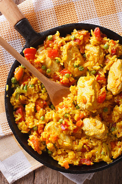 istock Rice with chicken a frying pan closeup. vertical top view 605753318