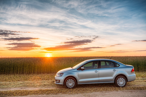 Gomel, Belarus - June 13, 2016: Volkswagen Polo Car Parking On Wheat Field. Sunset Sunrise Dramatic Sky On A Background In Sunny Evening.
