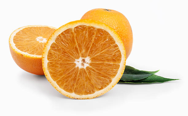 istock Fresh juicy oranges with leafs. on white background 605753910