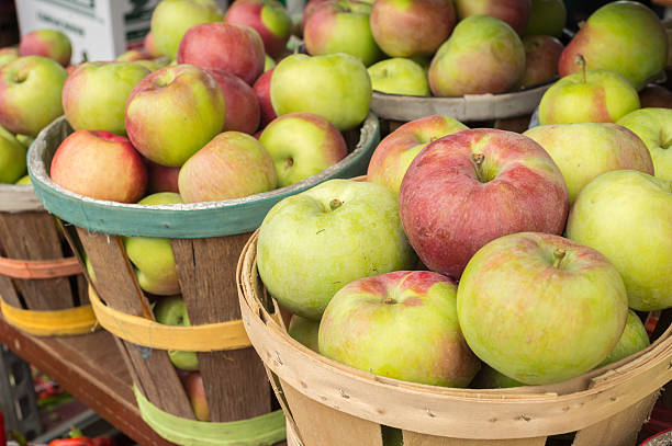 istock Lobo apples in baskets at the market 605754612