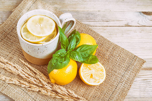 Hot Water with lemon and basil (Vintage faded filter) stock photo