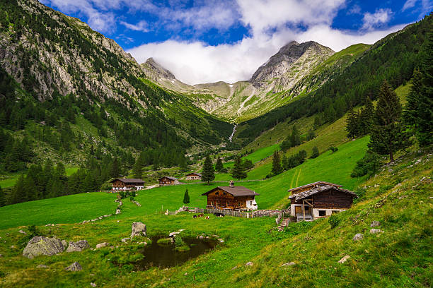 liebliches tal in den südtiroler alpen - shack european alps switzerland cabin stock-fotos und bilder