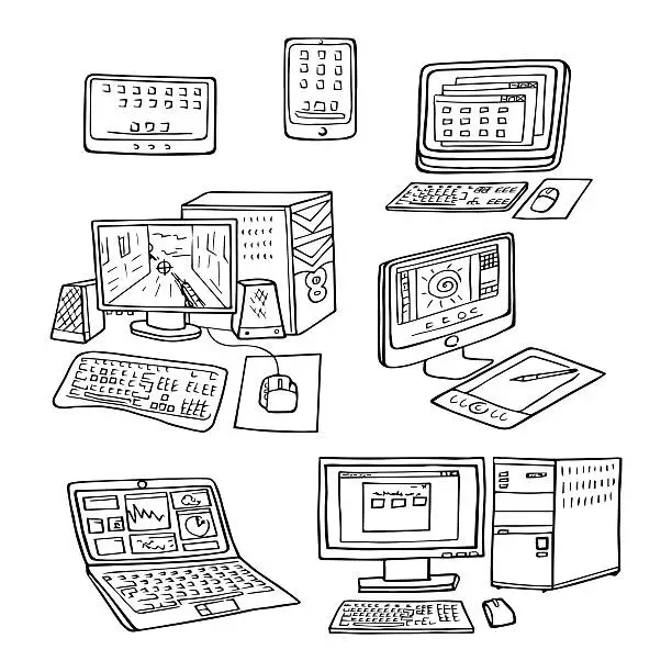 Vector illustration of set of hand drawn doodles of electronic gadget. vector illustration