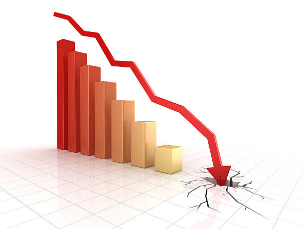 istock Red arrow collapsing and breaking through the ground 605764830