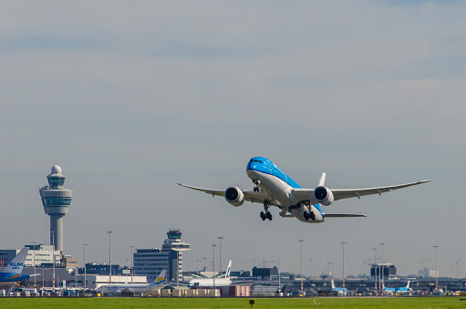 Amsterdam, The Netherlands - February 26, 2016: Boeing 787-9 Dreamliner of KLM taking off at Schiphol. KLM - Koninklijke Luchtvaart Maatschappij N.V. (Royal Dutch Airlines) is the flag carrier airline of the Netherlands.