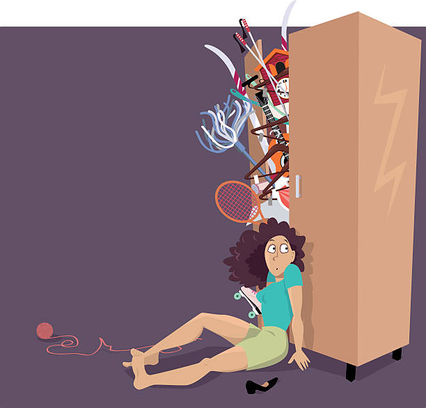 Clutter problem Overfilled closet bursting with different things, woman trying to hold the doors closed, EPS 8 vector illustration, no transparencies, copy space provided greedy stock illustrations