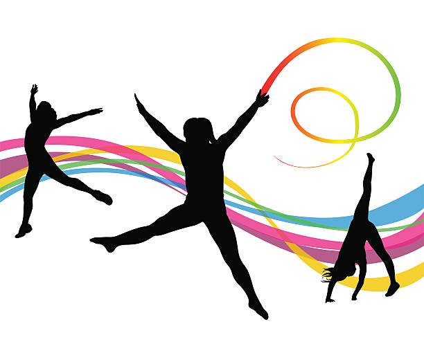 체조 리본 지팡이 - silhouette ballet arms outstretched gymnastics stock illustrations