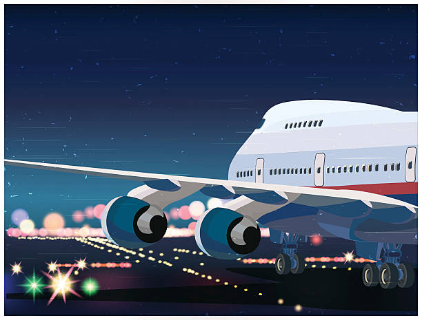 Passenger Airplane Taking Off Stylized vector illustration on the theme of civil aviation. Big passenger airplane on the runway tarmac at night runway condition stock illustrations