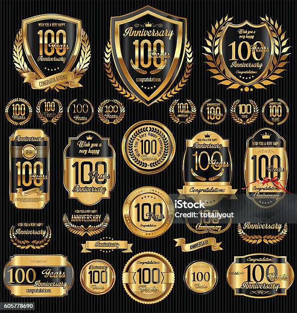 Anniversary Golden Shields Laurel Wreaths And Badges Collection Stock Illustration - Download Image Now