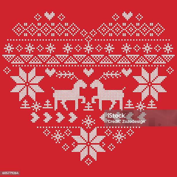 Heart Shape Christmas Pattern With Reindeer On Red Background Stock Illustration - Download Image Now